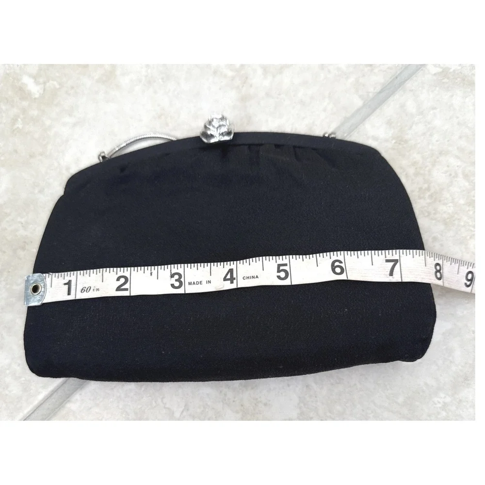 Vintage Black Twill Evening Clutch Bag Silver‎ Rose Clasp Snake Chain Strap